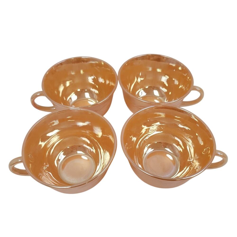 4 Vintage Fire-King Oven Ware Iridescent Orange Leaf Pattern Teacups Made In USA